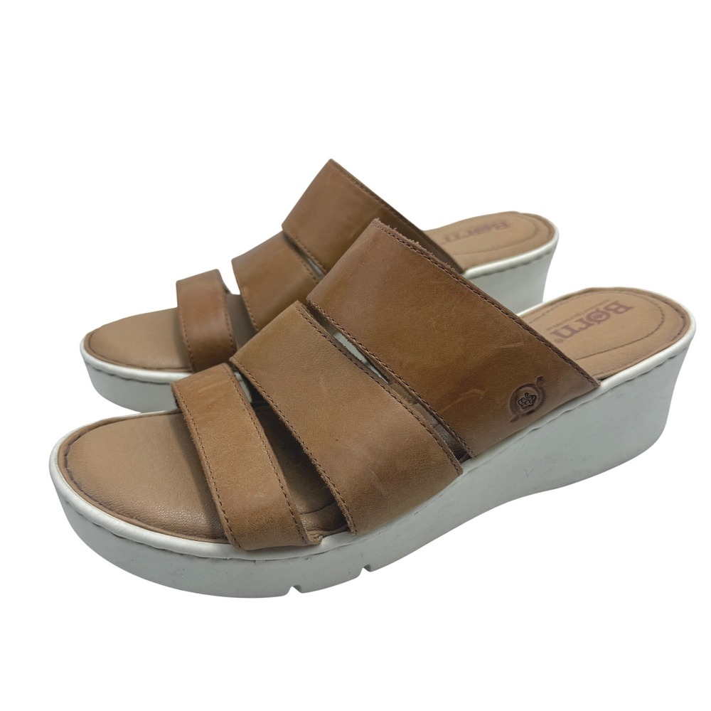 Born Womens Tan Leather Three Strap Wedge Sandals Slides Brown White Sole
